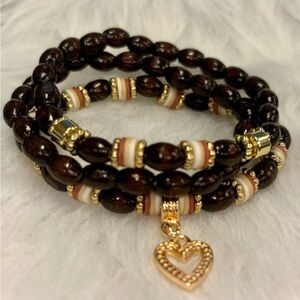 3 Handcrafted Wooden beaded Stackable Bracelets w/ gold toned heart charm